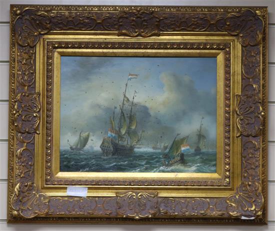 A pair of 18th century style oils on board, Dutch shipping 30 x 40cm.